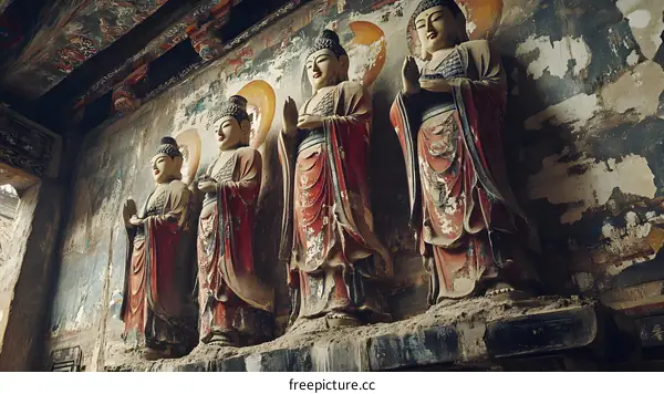 Ancient Buddhist Statues In A Cave Temple