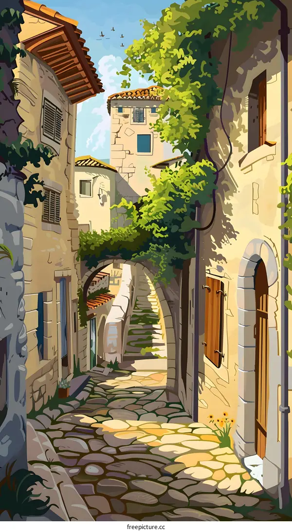 Cobblestone Street in a European Village