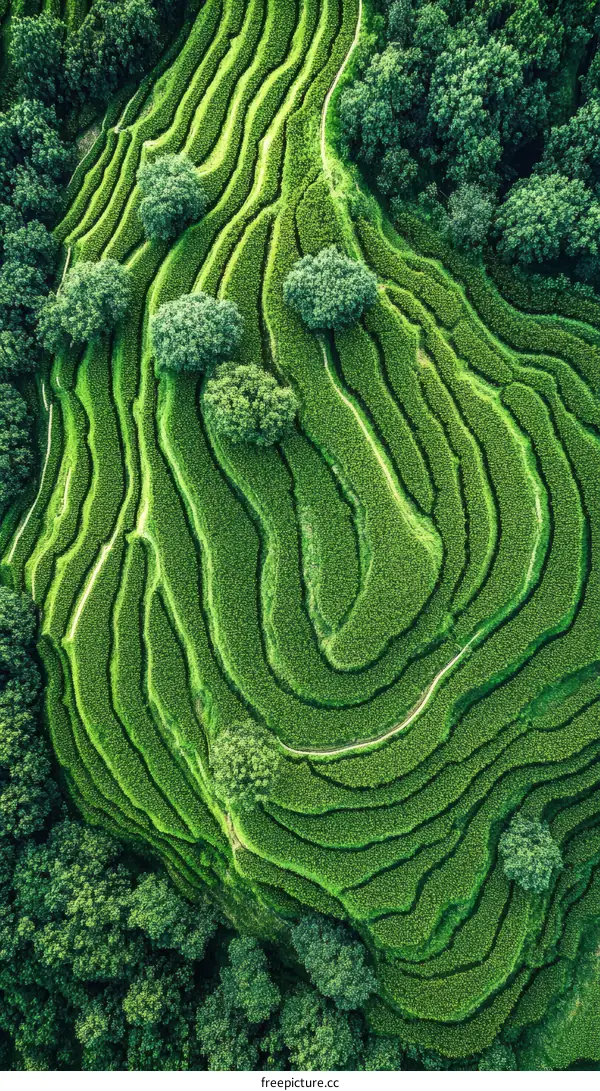Aerial View of Lush Green Terraced Tea Plantation