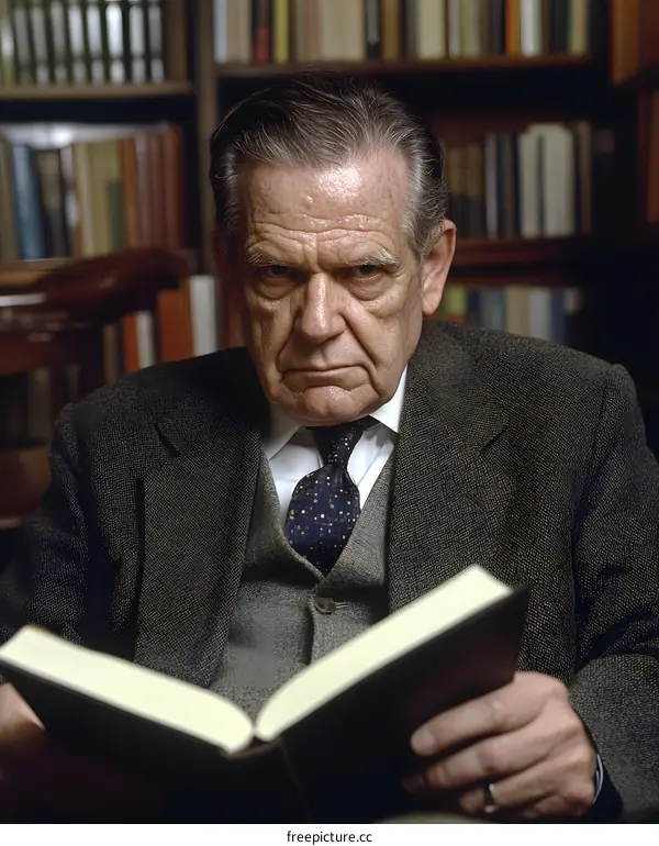 Portrait of an Elderly Man Reading a Book in a Library
