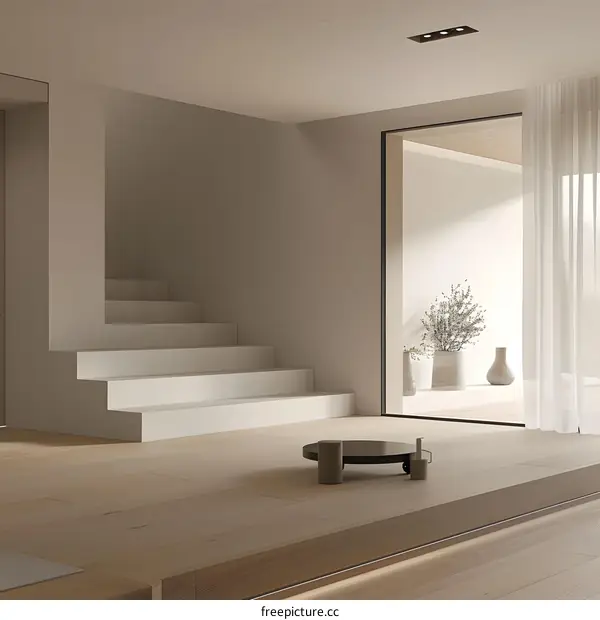 Minimalist Modern Interior Design with Wooden Floor and Staircase
