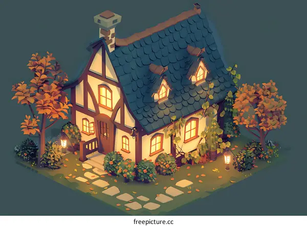 Cozy Cottage in Autumn Illustration