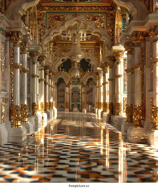 ornate hallway with marble floor and gold columns