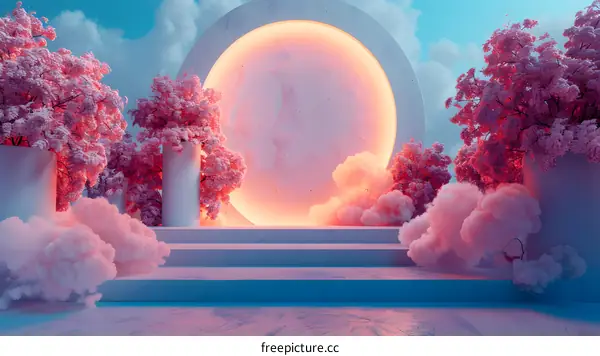 Dreamy Landscape with Cherry Blossoms and Clouds