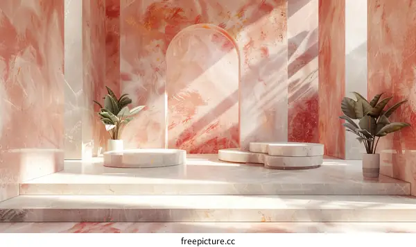 Minimalist exhibition platform with pink marble background