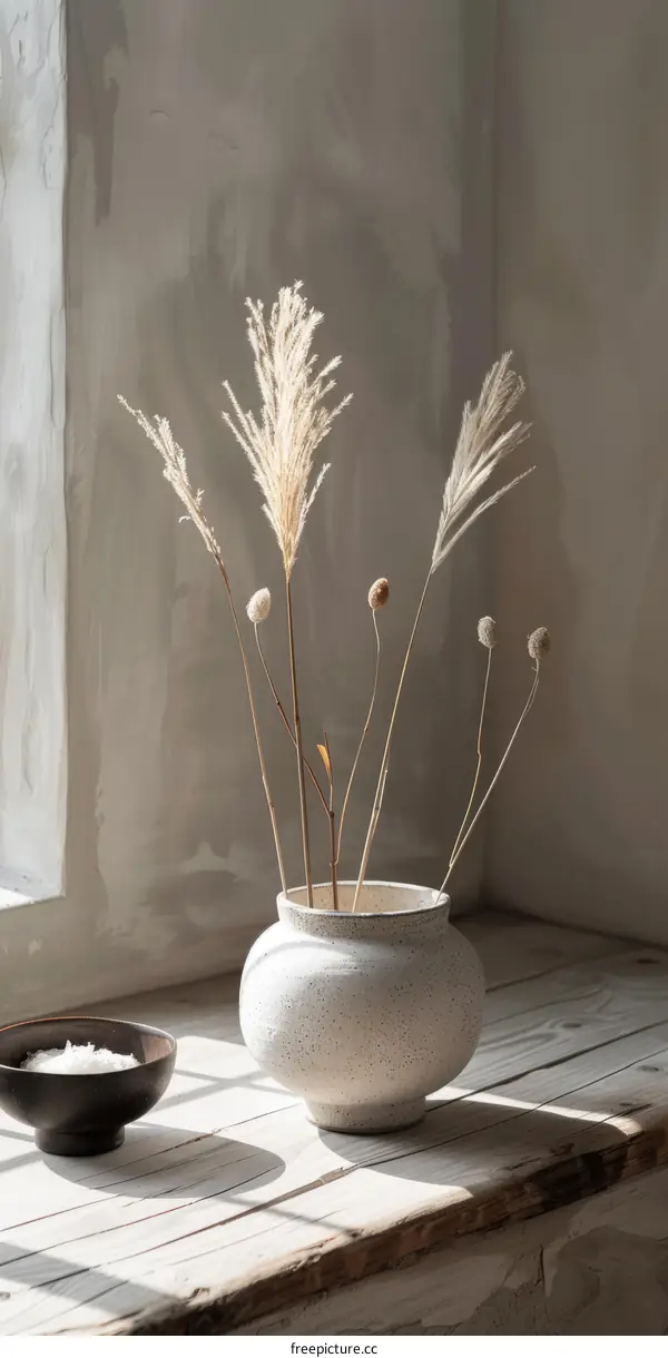 Dried Ornamental Grasses In A Ceramic Vase By A Window