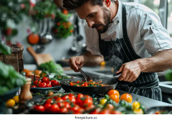 Male chef cooking in a commercial kitchen