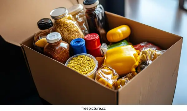 Assorted Food Items in a Cardboard Box
