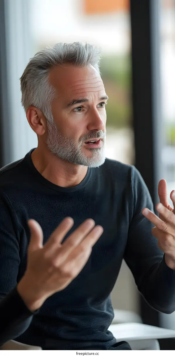Close Up Portrait Of A Middle Aged Man Talking And Gesturing With His Hands