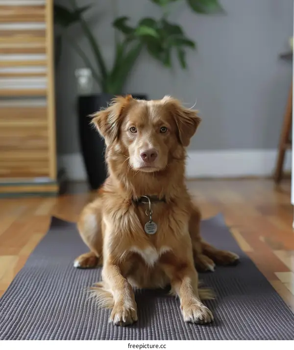 brown dog lying on yoga mat looking at camera