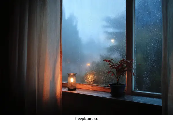 Rainy Window with Warm Light and Plant