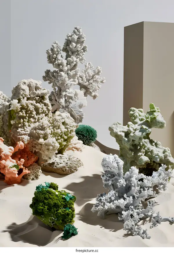 Abstract Still Life Photography with Colorful Coral Reefs in a Sandy Environment