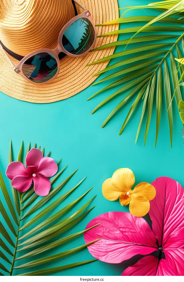 Tropical Summer Background with Palm Leaves, Flowers, Sunglasses, and Hat