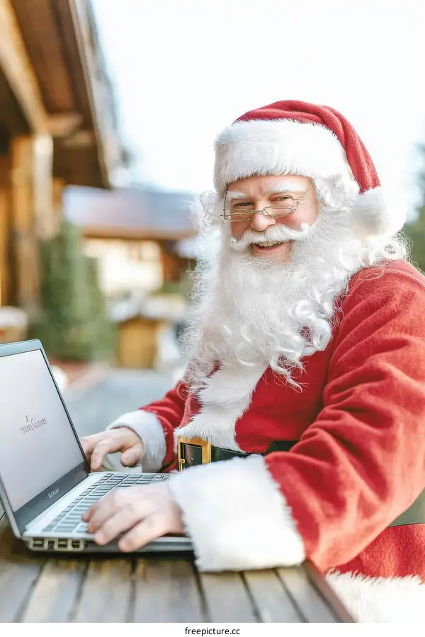 Santa Claus Working on a Laptop Outdoor