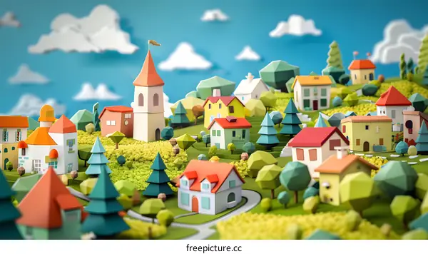 Papercraft Village Model with Blue Sky and Clouds