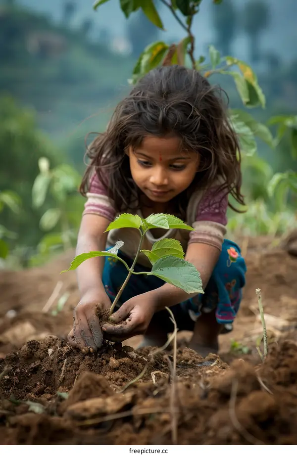 Little girl planting a tree