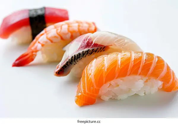 A variety of sushi including tuna, shrimp, and salmon