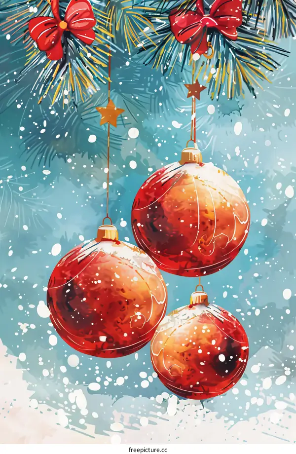 Red Christmas Ornaments Hanging on a Snowy Branch