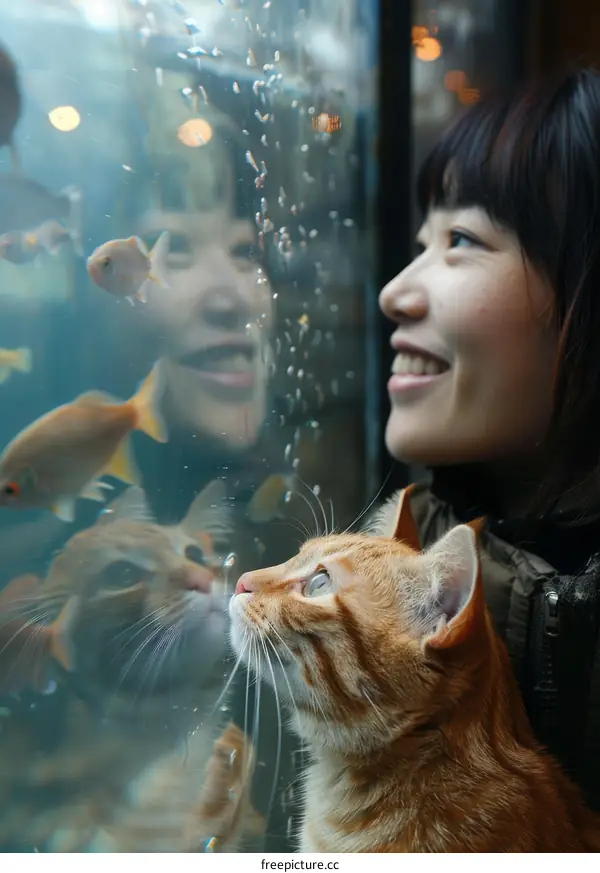 A ginger cat and a woman are looking at goldfish in a fish tank