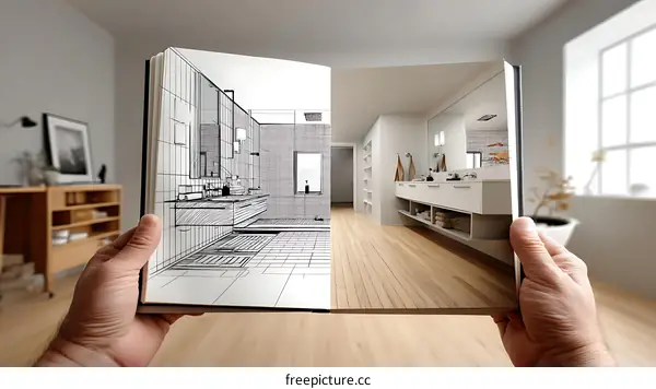 Bathroom Design Sketch Book with Caucasian hands