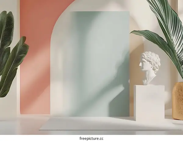 Minimalist 3D Render with  White Statue and Green Leaves