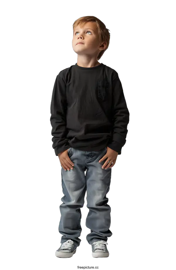 [Transparent Background PNG]Portrait of a boy in a black long-sleeved t-shirt and blue jeans looking up