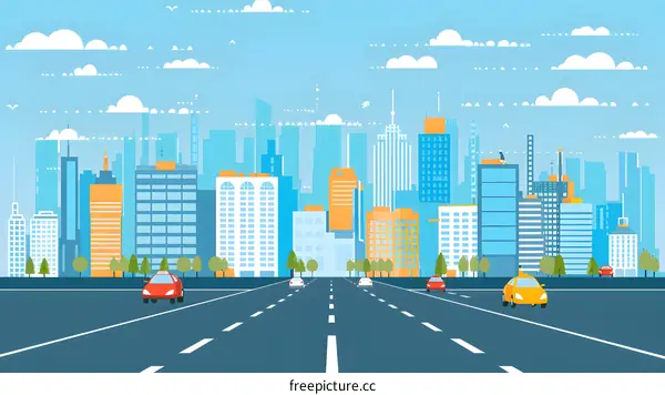 Cityscape with Tall Buildings and Cars on Road