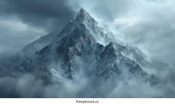 A majestic snow capped mountain towering above the clouds