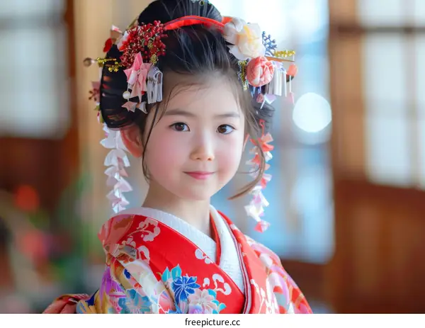A cute Japanese girl wearing a kimono