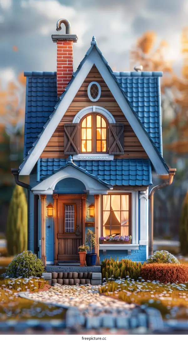 Small blue cottage with a blue roof and a brick chimney surrounded by flowers and shrubs