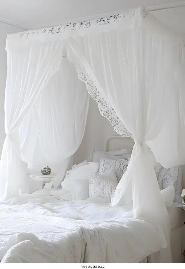 White Lace Canopy Bed with White Bedding