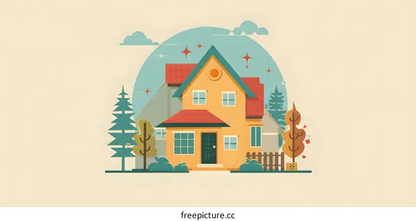 Flat Illustration Of A Yellow House With A Red Roof And Green Trees