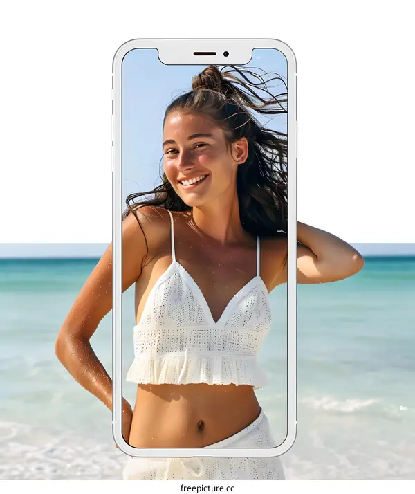 Woman in White Bikini Smiling on Beach Phone Screen