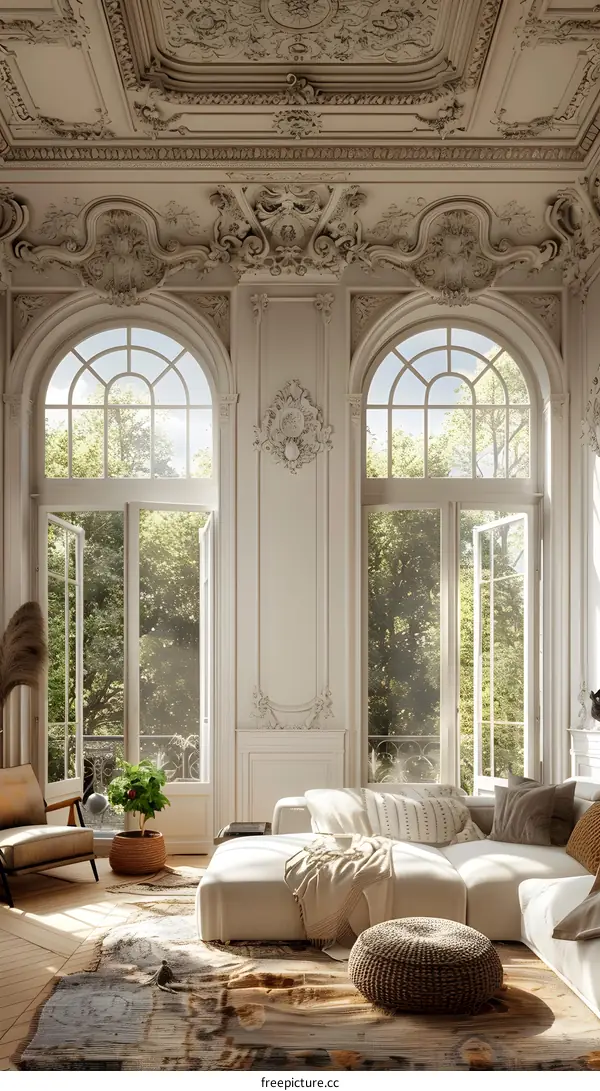 Arched floor-to-ceiling windows and sofas