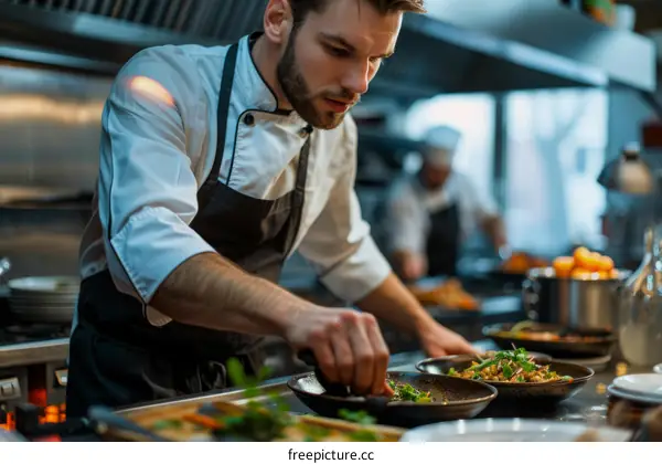 Focused male chef carefully plating food in a commercial kitchen