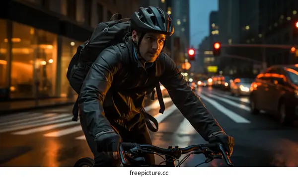 Cyclist riding in the city at night