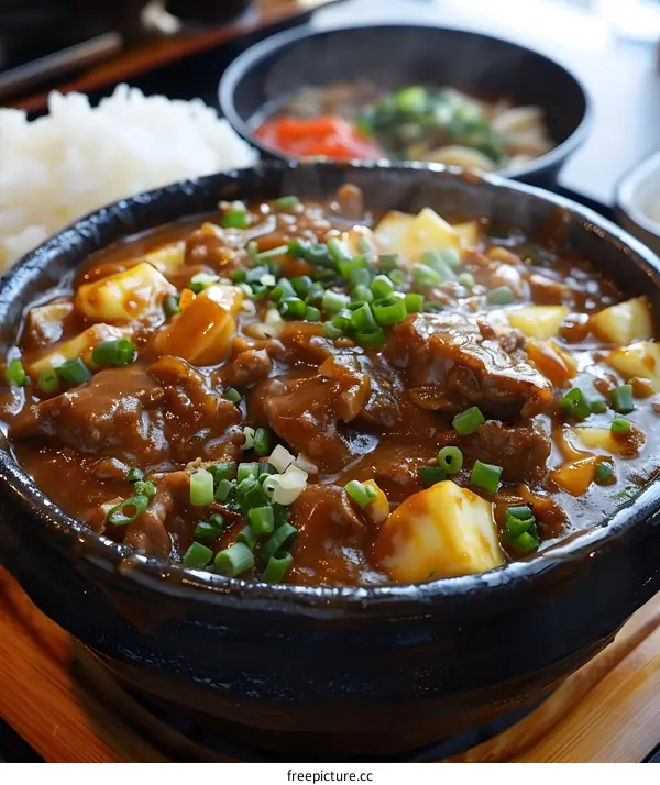 Steaming bowl of Japanese curry with beef and tofu