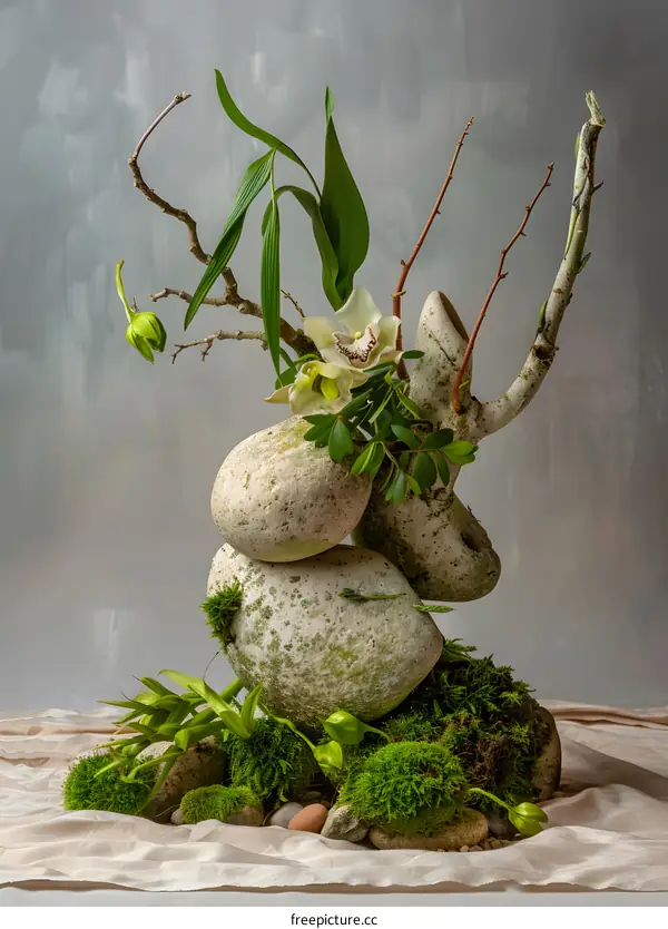 Stone, Moss, and Orchid Floral Arrangement