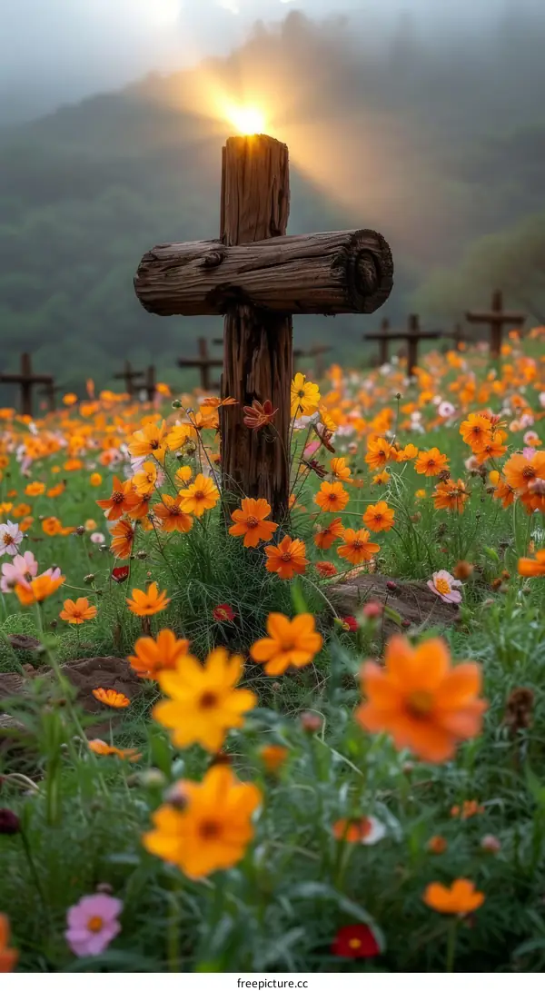 Wooden Crosses in a Field of Flowers at Sunset