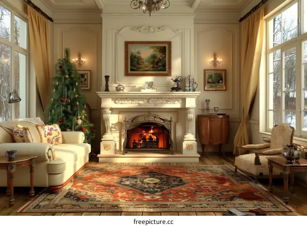 Ornate Living Room with Fireplace and Christmas Tree