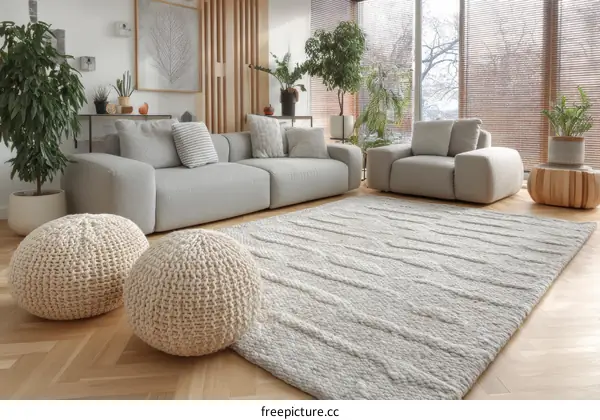 Modern Living Room with Knitted Poufs and Area Rug