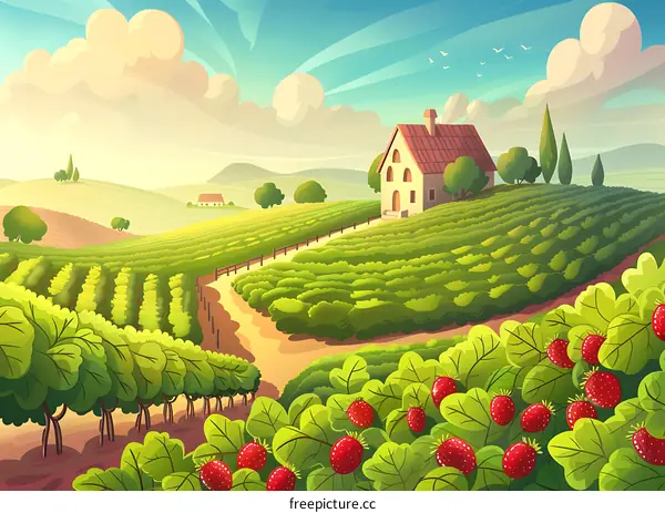 Farmhouse on a Hilltop with Green Fields and Red Berries