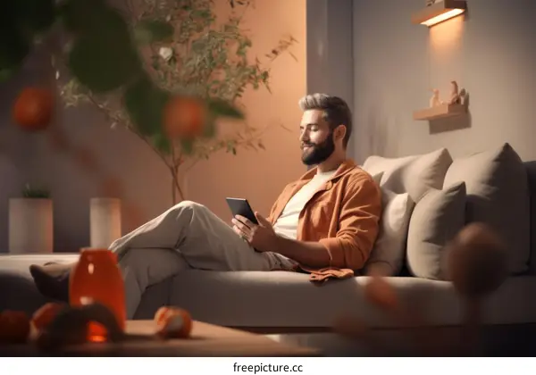 A Bearded Man Reading an Ebook on a Couch