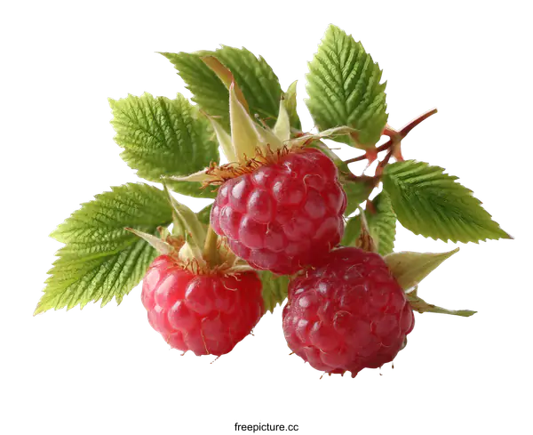 [Transparent Background PNG]Close Up Fresh Raspberries with Leaves