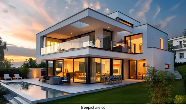 Modern White House With Swimming Pool and Lawn