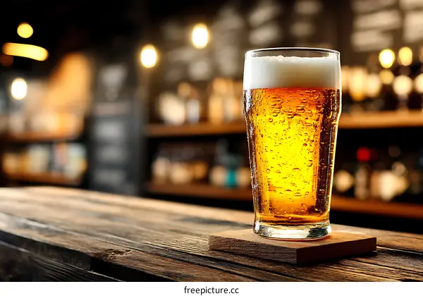 Cold Beer in a Glass at a Bar Countertop