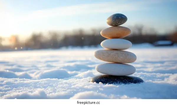 Winter Calmness Stones Stacked on Snow