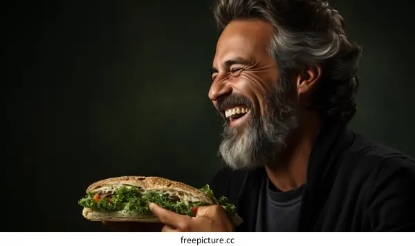 Bearded man eating a sandwich