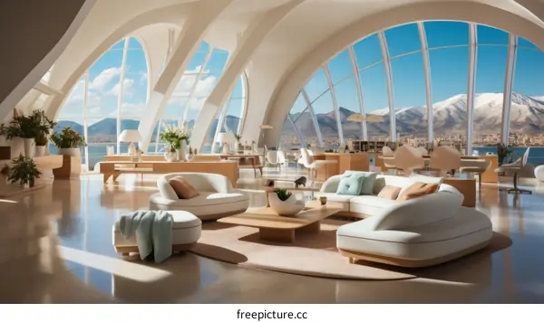 Modern Interior Design Living Room with Large Windows and Curved Walls