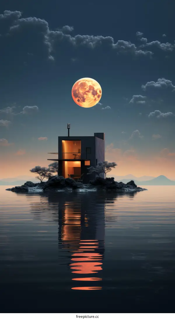 small house on lake with large moon in background